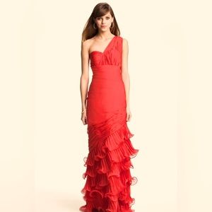 Dalia MacPhee ruched one-shoulder chiffon gown. Size 10. Only worn once.